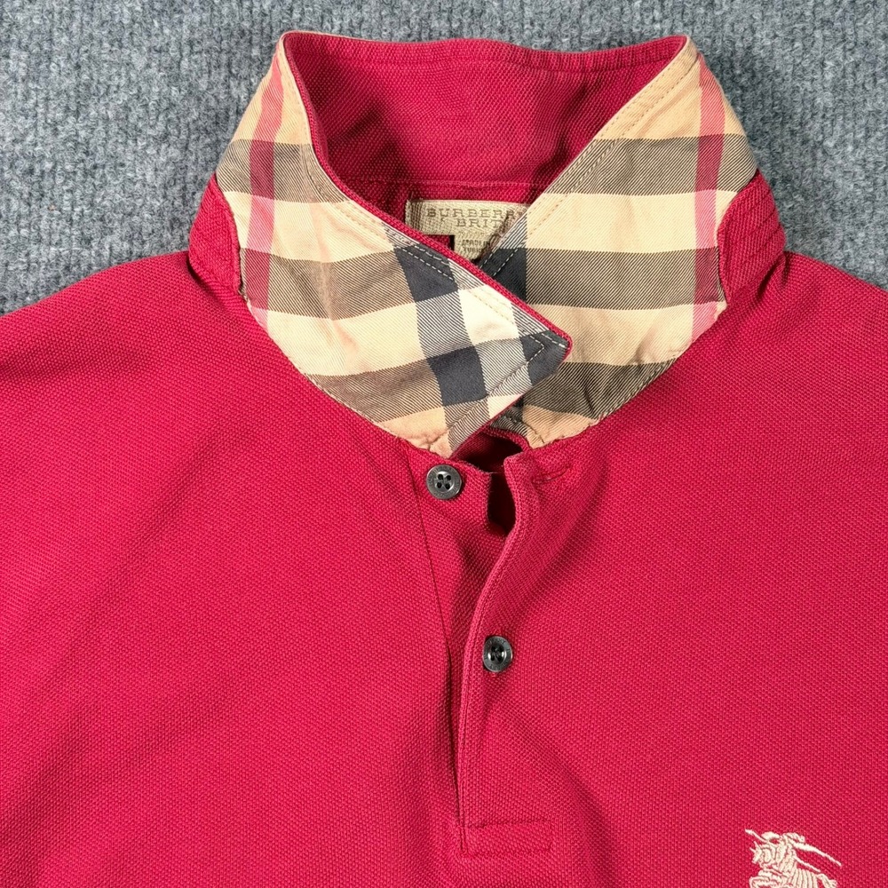 Burberry Brit Polo Shirt Mens Medium Red Nova Check Collar Short Sleeve Logo